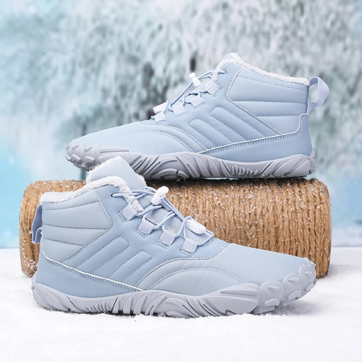 Blaue Barfuß-Snowboots, wasserdicht, rutschfest, Winterstiefel für Damen und Herren.