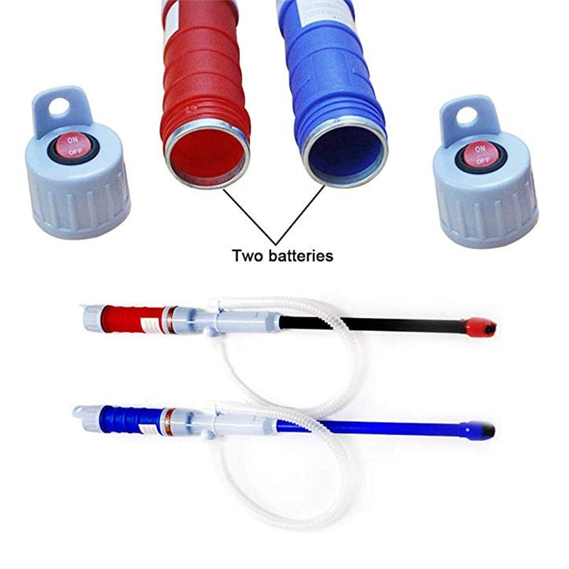 Rote und blaue elektrische Wasserpumpe mit Batteriefach, tragbar, für Benzin und Flüssigkeiten.