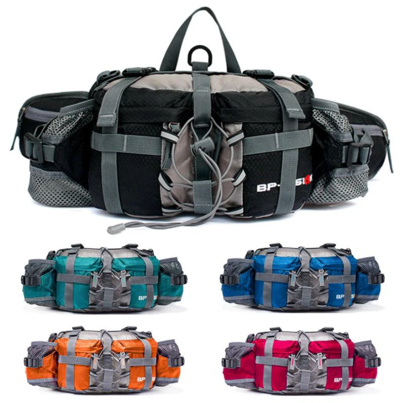 Fünf multifunktionale Bauchtaschen in Schwarz, Blau, Orange, Grau und Rot für Outdoor-Aktivitäten.