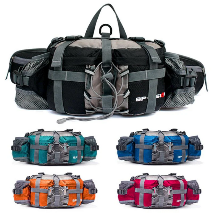 Fünf multifunktionale Bauchtaschen in Schwarz, Blau, Orange, Grau und Rot für Outdoor-Aktivitäten.