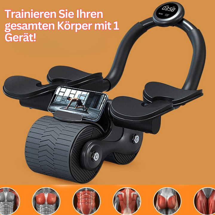 Schwarzer Bauchmuskeltrainer mit Display und Smartphone-Halterung, Fitnessgerät für Heimtraining.
