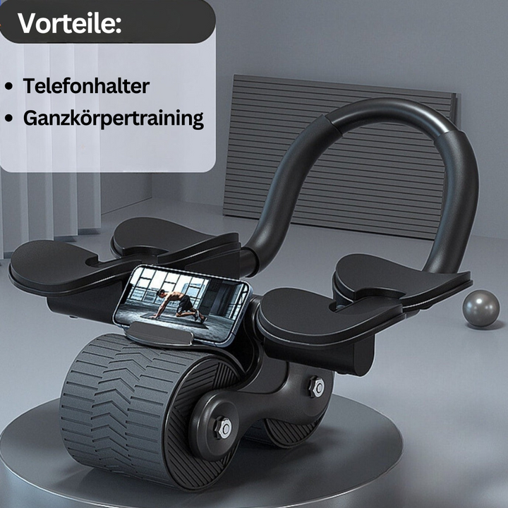 Schwarzer Bauchtrainer mit Telefonhalter, ideal für Ganzkörpertraining, Fitnessgerät.