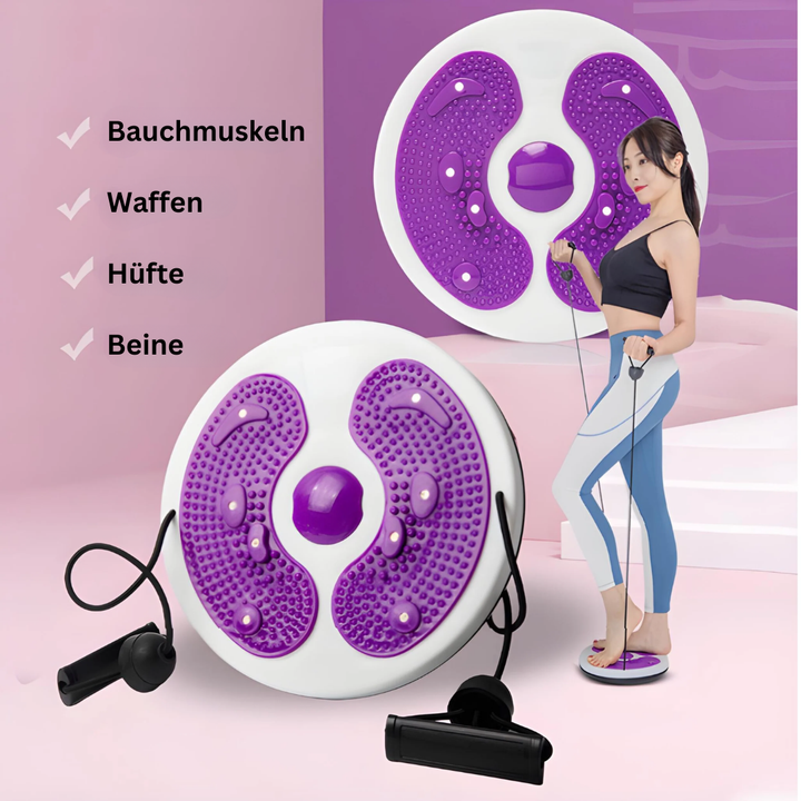 Lila Fitness-Twist-Board mit Widerstandsbändern für Bauch, Arme, Hüfte, Beine Übungen.