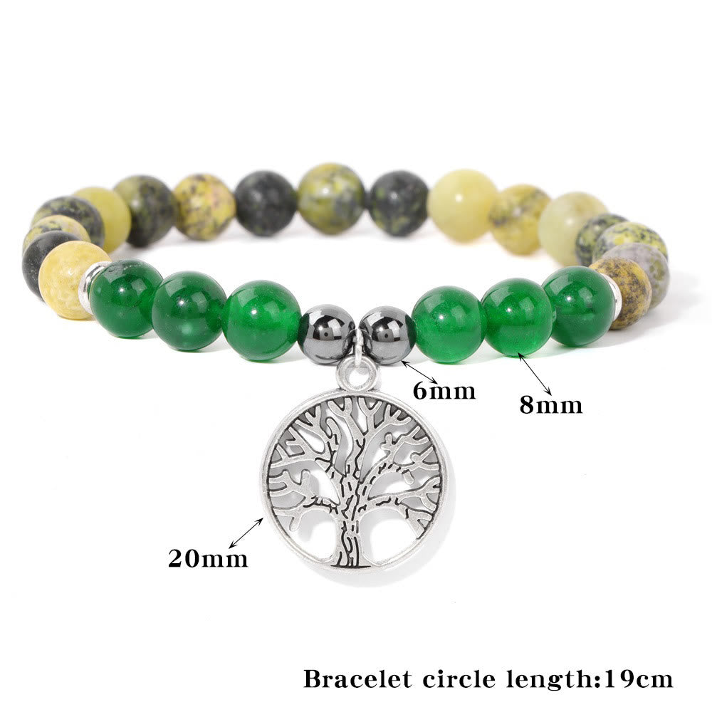 Armband mit Baum des Lebens Anhänger, grüne und gelbe Perlen, 19cm Länge, Edelstein Schmuck.