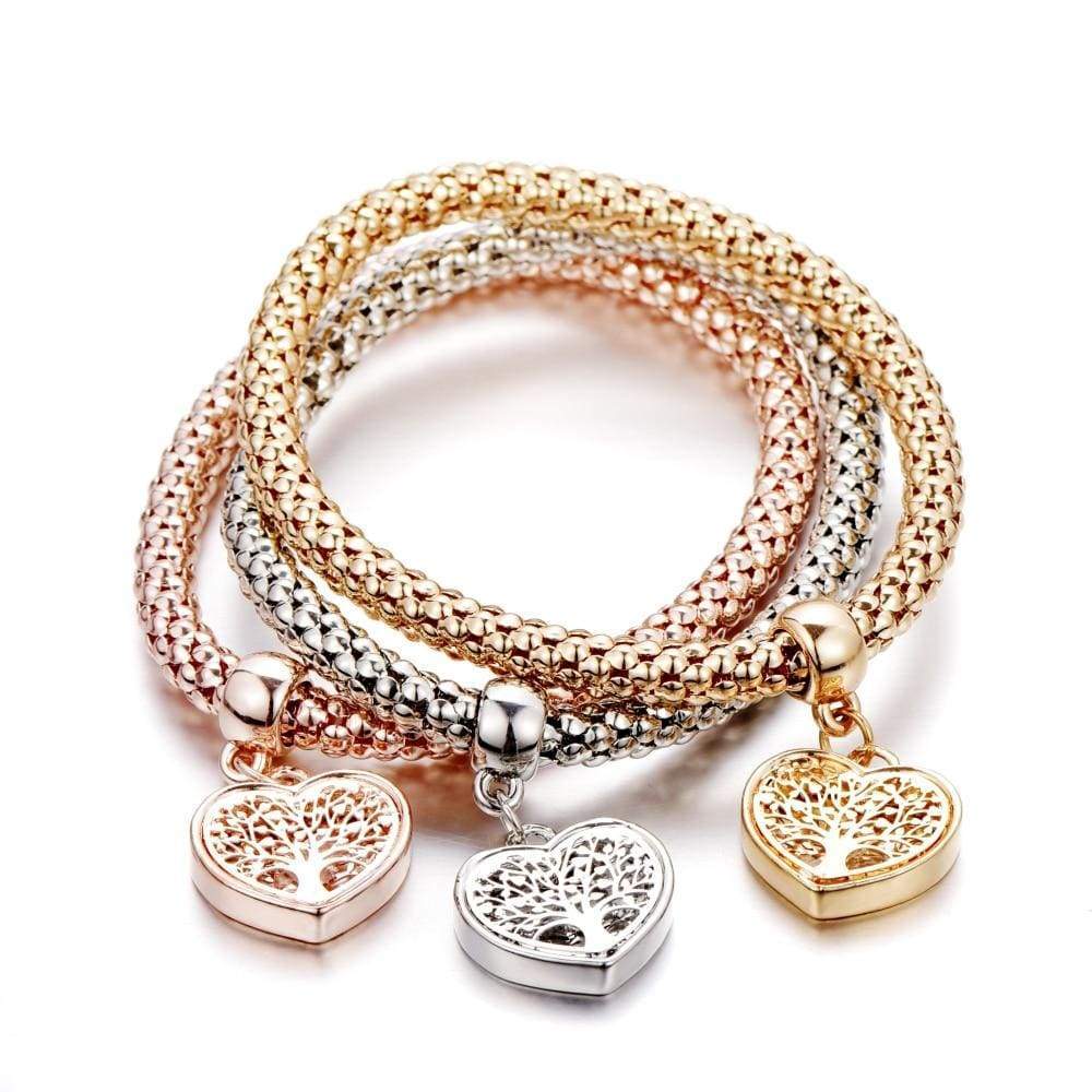 Drei Armbänder Set, Herzanhänger, Gold, Silber, Roségold, Baum des Lebens Design.