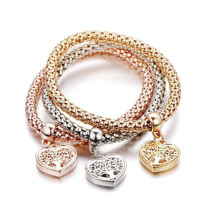 Drei Armbänder Set, Herzanhänger, Gold, Silber, Roségold, Baum des Lebens Design.
