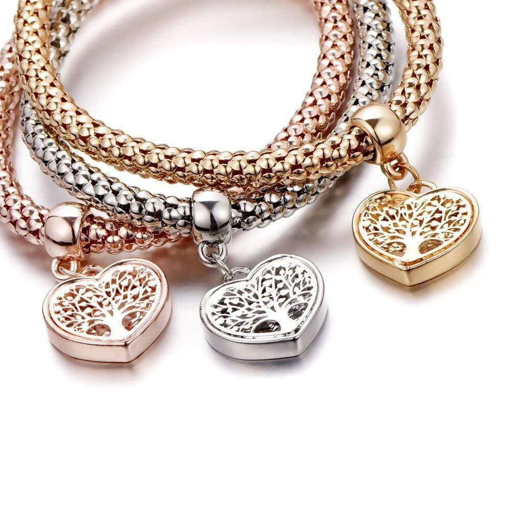 Dreifaches Armband-Set mit Lebensbaum-Anhänger, Gold, Silber, Roségold, Damen-Schmuck.