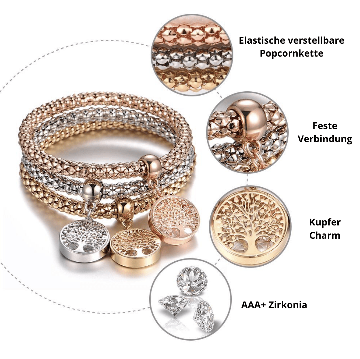 Elastisches Armband-Set mit Baum des Lebens, Kupfer-Charm, AAA+ Zirkonia, Popcornkette.