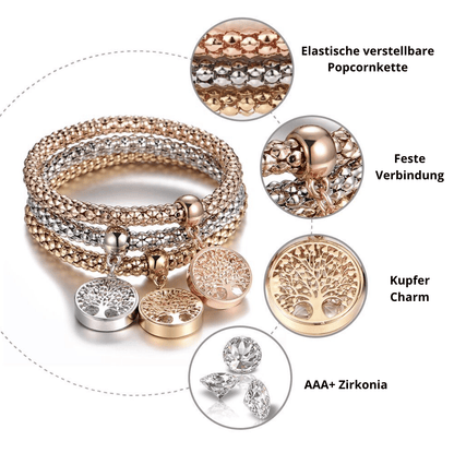 Elastisches Armband-Set mit Baum des Lebens, Kupfer-Charm, AAA+ Zirkonia, Popcornkette.