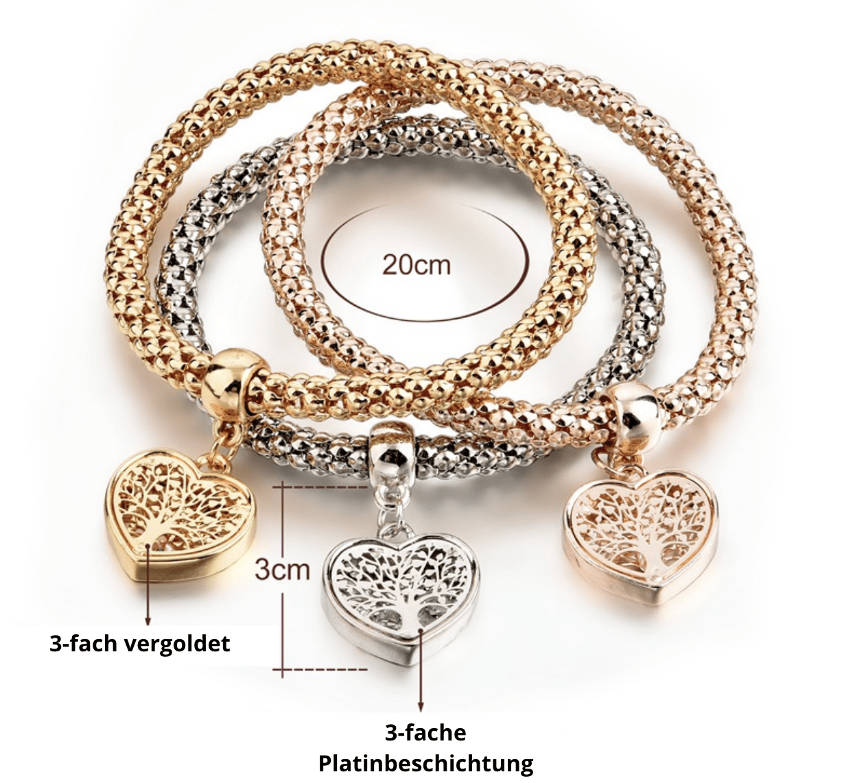 3-teiliges Armband-Set, Herzanhänger, Baum des Lebens, vergoldet, platinbeschichtet, 20cm.