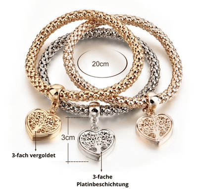 3-teiliges Armband-Set, Herzanhänger, Baum des Lebens, vergoldet, platinbeschichtet, 20cm.