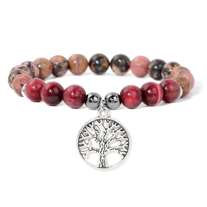 Armband mit roten und schwarzen Perlen, Lebensbaum-Anhänger, Schmuck, Edelstein, Damenaccessoire.