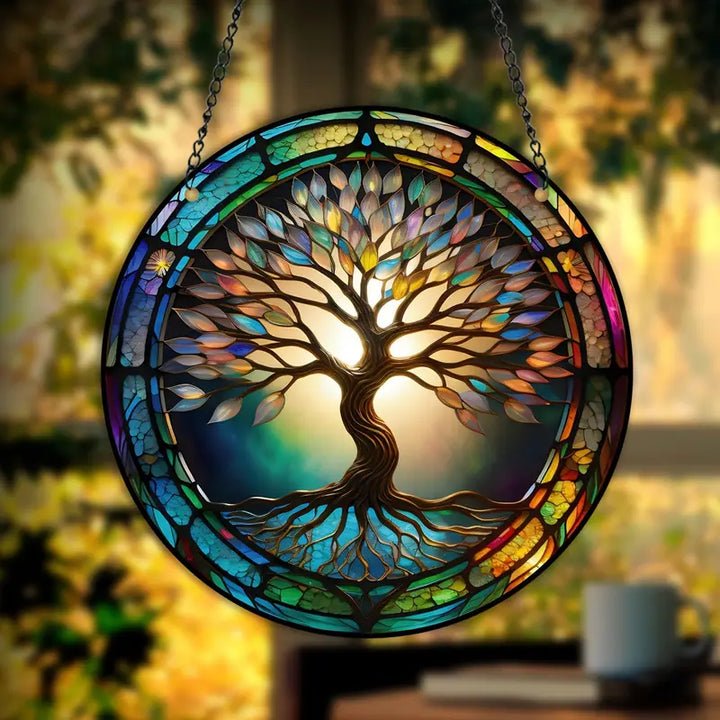 Baum des Lebens Fensterbild, buntes Glas, Sonnenfänger, dekorative Kunst, Naturmotiv.