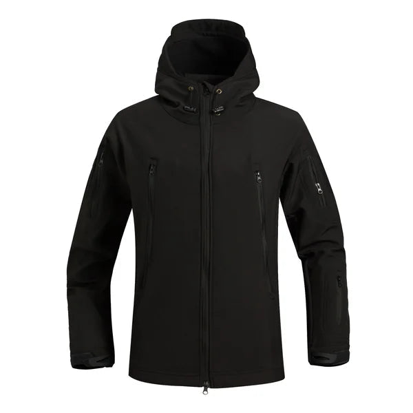 Schwarze Softshell-Jacke mit Kapuze, wasserdicht, winddicht, Outdoor-Bekleidung für Herren.