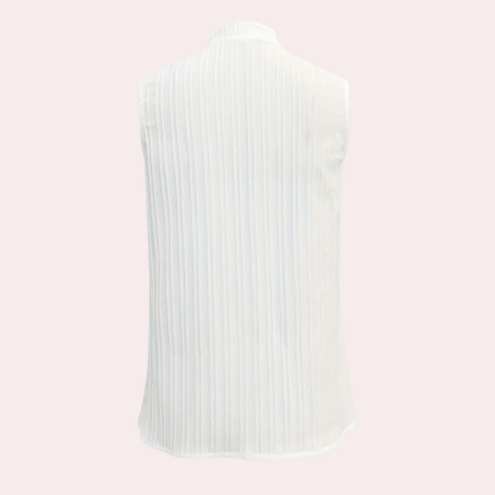 Ärmellose weiße Bluse aus Baumwolle, Rückansicht, Damenmode, elegant, gestreift.