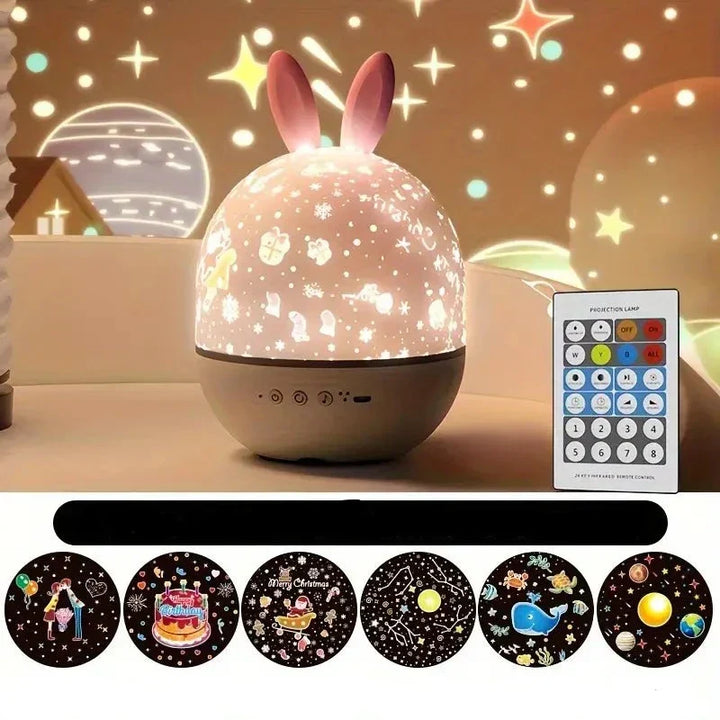 Nachtlicht Projektor mit Fernbedienung, Sternenhimmel, Kinderzimmer, LED, Hasenohren, beige.