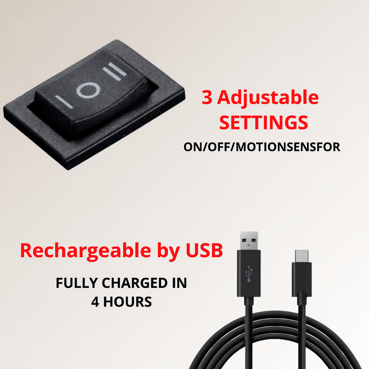 Detail třípolohového černého přepínače a černého USB kabelu s konektorem USB-C, doplněný informací o nabití za čtyři hodiny. 6