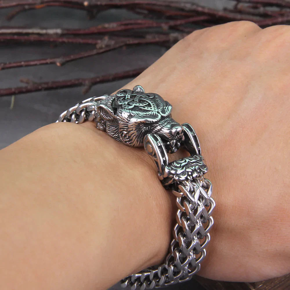 Silbernes Wikinger-Armband mit Bärenkopf-Design, Edelstahl, handgefertigt, Herren-Schmuck.