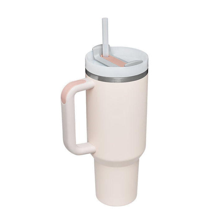 Beiger Thermobecher mit Henkel und Strohhalm, doppelwandig, aus Edelstahl, 1 Liter.