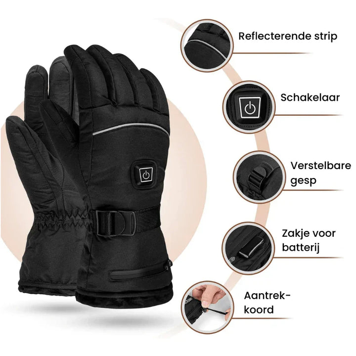 Schwarze beheizbare Handschuhe mit reflektierendem Streifen, Schalter und verstellbarer Schnalle.
