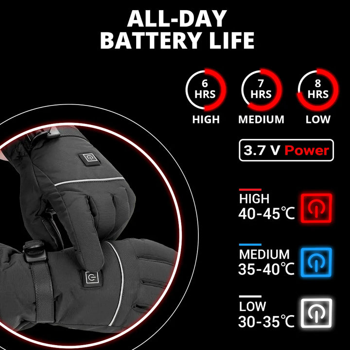 Schwarze beheizbare Handschuhe, Touchscreen-kompatibel, 3 Heizstufen, lange Akkulaufzeit.