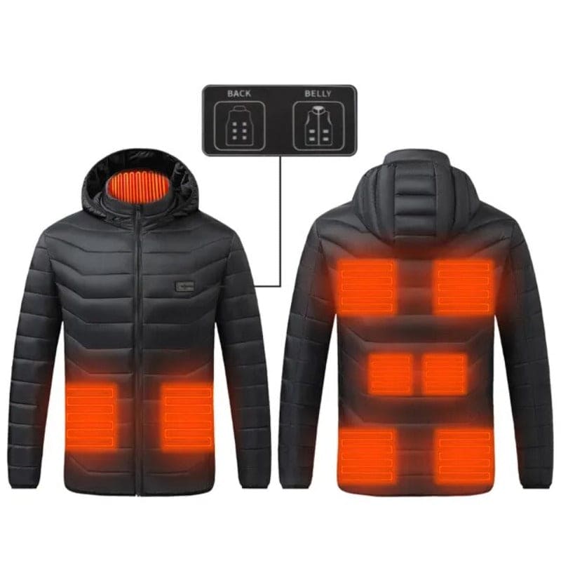 Beheizbare schwarze Jacke mit Kapuze, Heizpaneele vorne und hinten, ideal für kaltes Wetter.