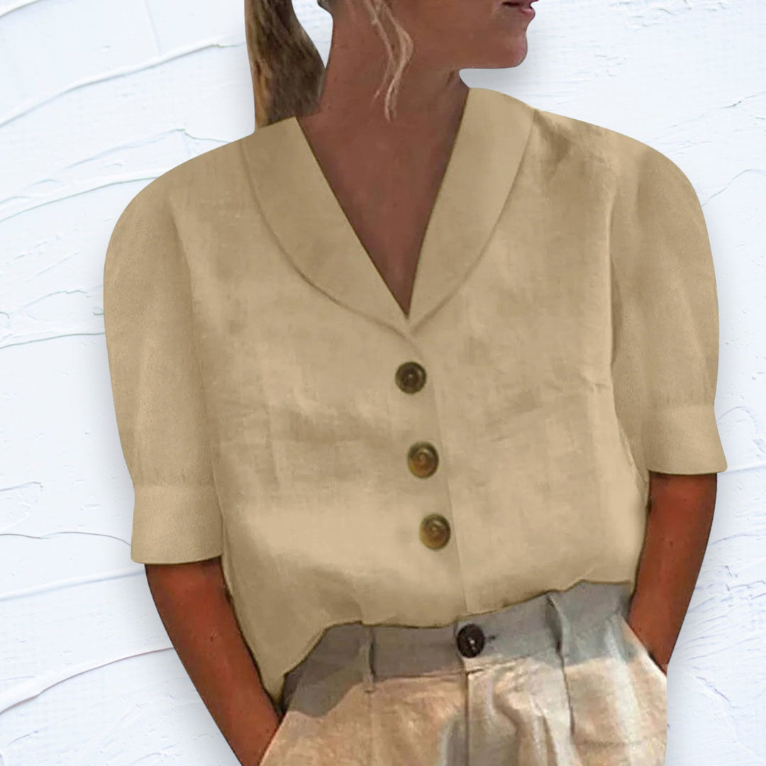 Damenbluse beige Leinen, kurze Ärmel, V-Ausschnitt, Knöpfe, Sommermode, elegant.
