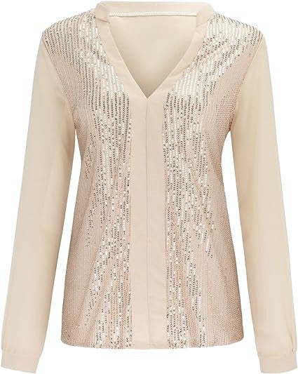 Beige Damenbluse mit V-Ausschnitt, Langarm, elegantes Design, ideal für Büro oder Freizeit.