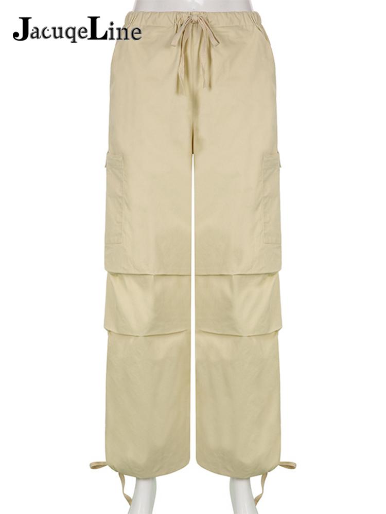 Beige Damen-Cargohose mit Taschen, Kordelzug, Baumwolle, Freizeitmode.