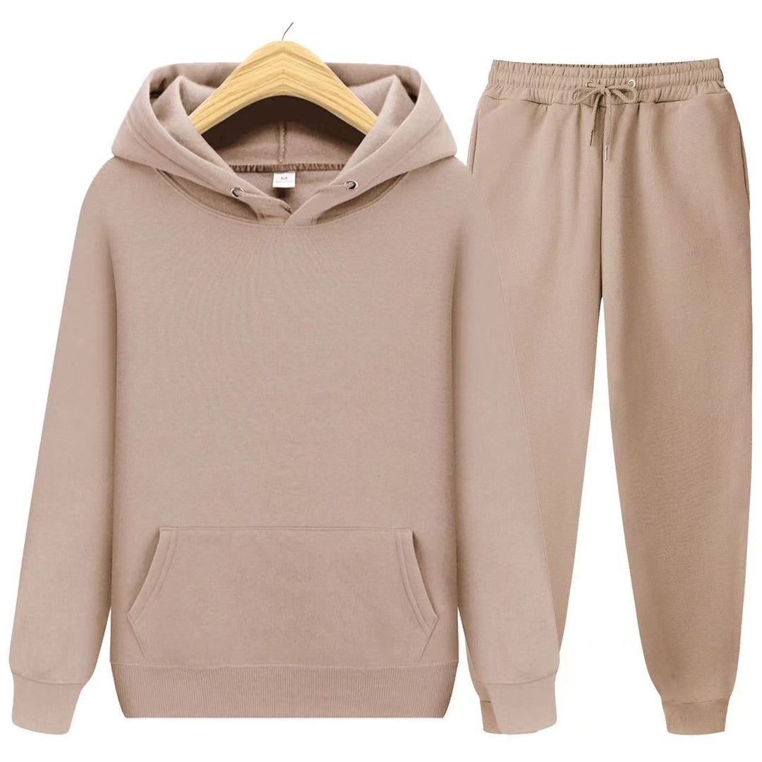 Beiges Kapuzenpullover und Jogginghose Set aus Baumwolle für Damen, bequem und modisch.