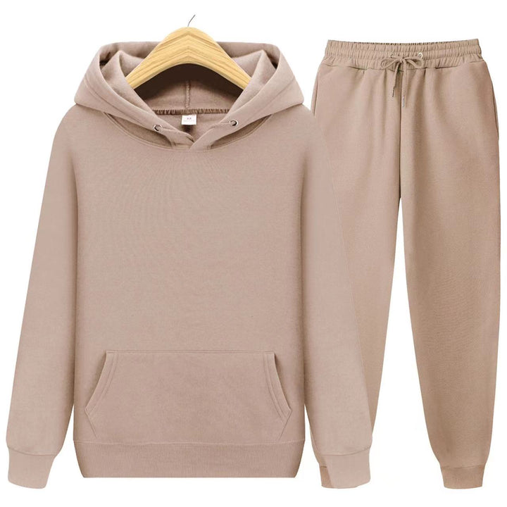 Beiges Kapuzenpullover und Jogginghose Set aus Baumwolle für Damen, bequem und modisch.