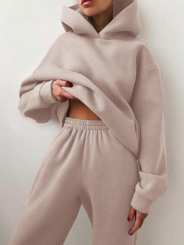 Damen Beige Kapuzenpullover und Jogginghose Set, gemütlich, Freizeitmode, Baumwolle.