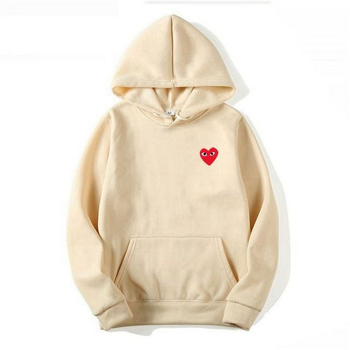 Beiger Damen-Hoodie mit rotem Herz-Logo, Baumwolle, Kapuze, Kängurutasche, modisch, bequem.