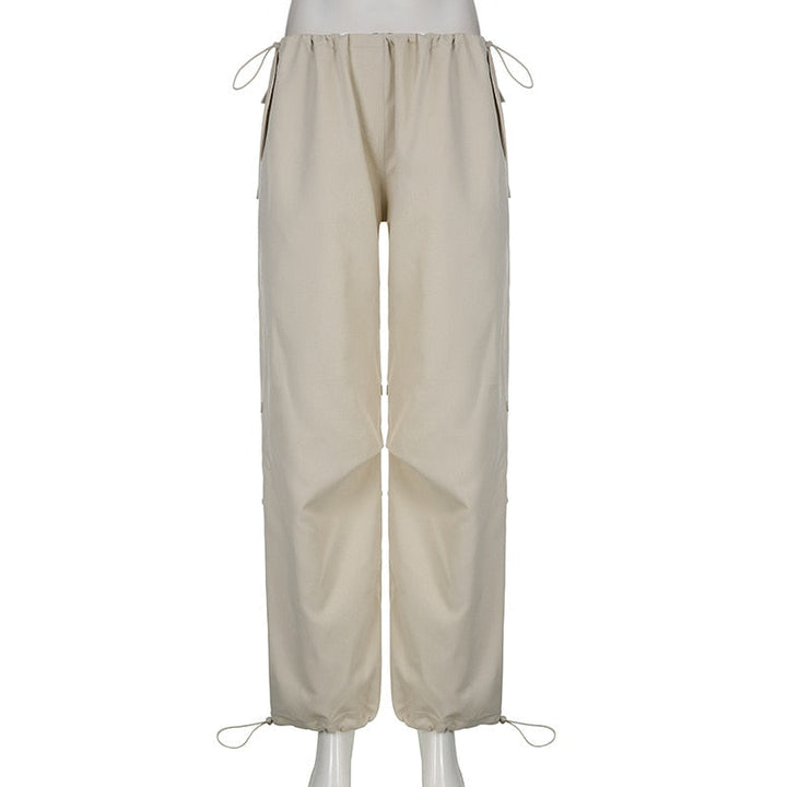 Beige Damenhose mit Kordelzug, lässig, Baumwolle, gerade Passform, modisch.