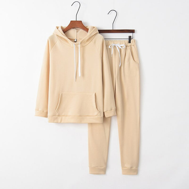 Beiges Damen-Sweatshirt und Jogginghose Set, Kapuzenpullover, Freizeitmode, Baumwolle.
