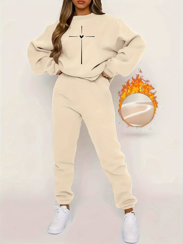 Beiger Damen-Sweatanzug mit Kreuzmotiv, lässig, bequem, modisch, ideal für Freizeitkleidung.