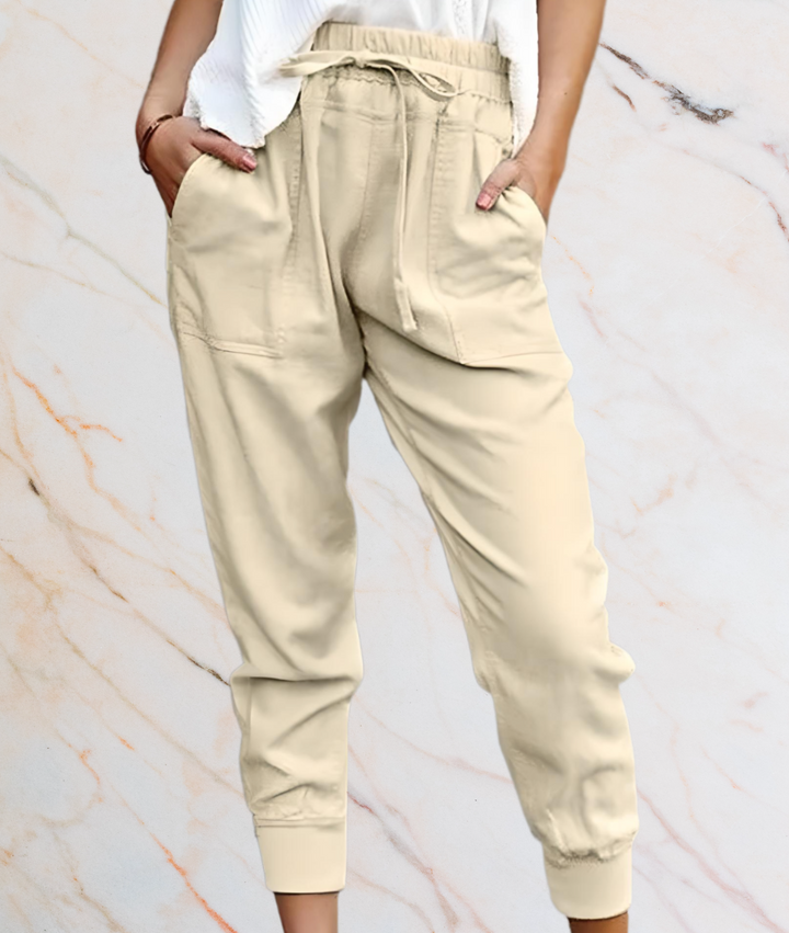 Beige Damen Jogginghose, Baumwolle, elastischer Bund, Taschen, lässig, bequem, modisch.
