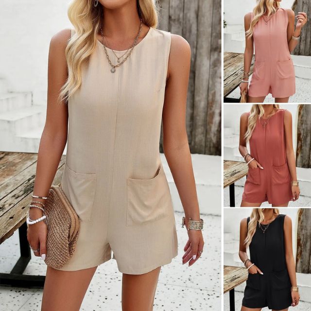 Damen Jumpsuit ärmellos beige, rosa, schwarz, Sommermode, lässig, elegant, Leinenoptik.