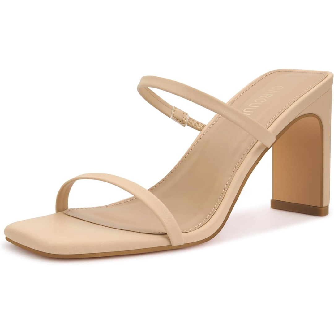 Beiger Damen-High-Heel-Sandalette, quadratische Spitze, elegantes Design, Lederoptik.