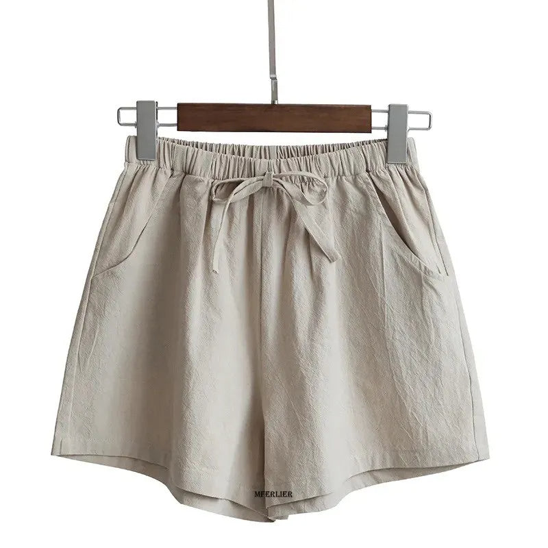 Beige Damen-Shorts aus Leinen mit Kordelzug, lässig, bequem, Sommermode.