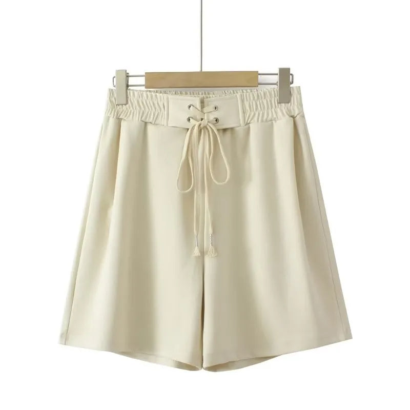 Beige Damen-Shorts mit Kordelzug, Sommermode, lässig, bequem, elastischer Bund.