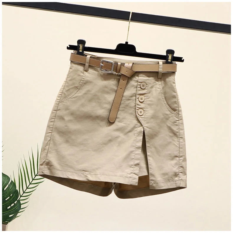 Beige Damenrock mit Gürtel, Knopfleiste, Baumwolle, Sommermode, elegant, knielang.