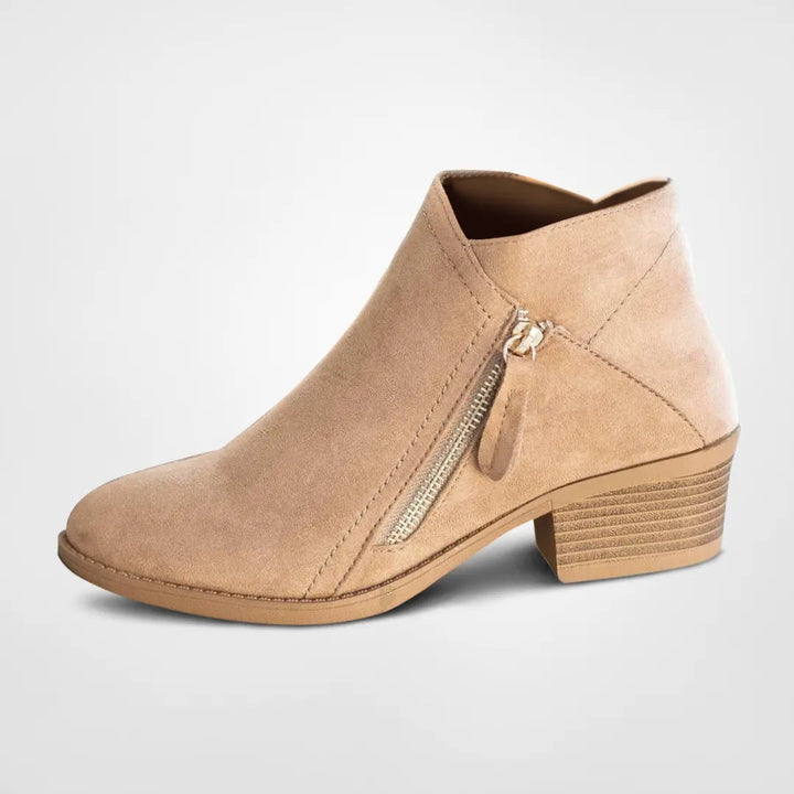 Beige Damen Stiefeletten mit Reißverschluss, Blockabsatz, Wildlederoptik, modisch und bequem.
