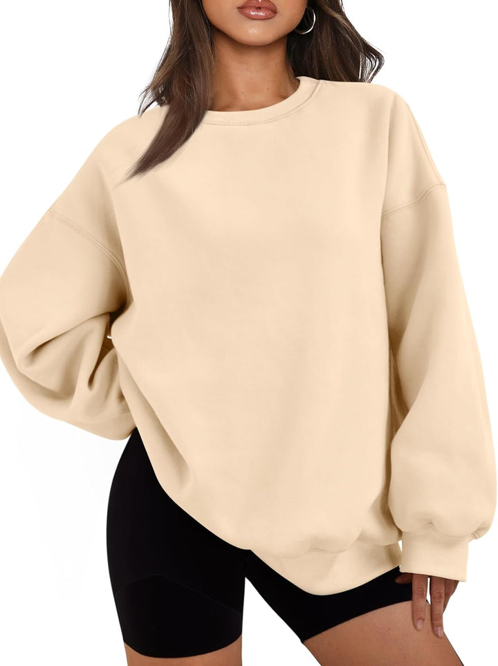 Damen Oversize Pullover Beige, Langarm, Baumwolle, Modetrend, Bequem, Freizeitkleidung
