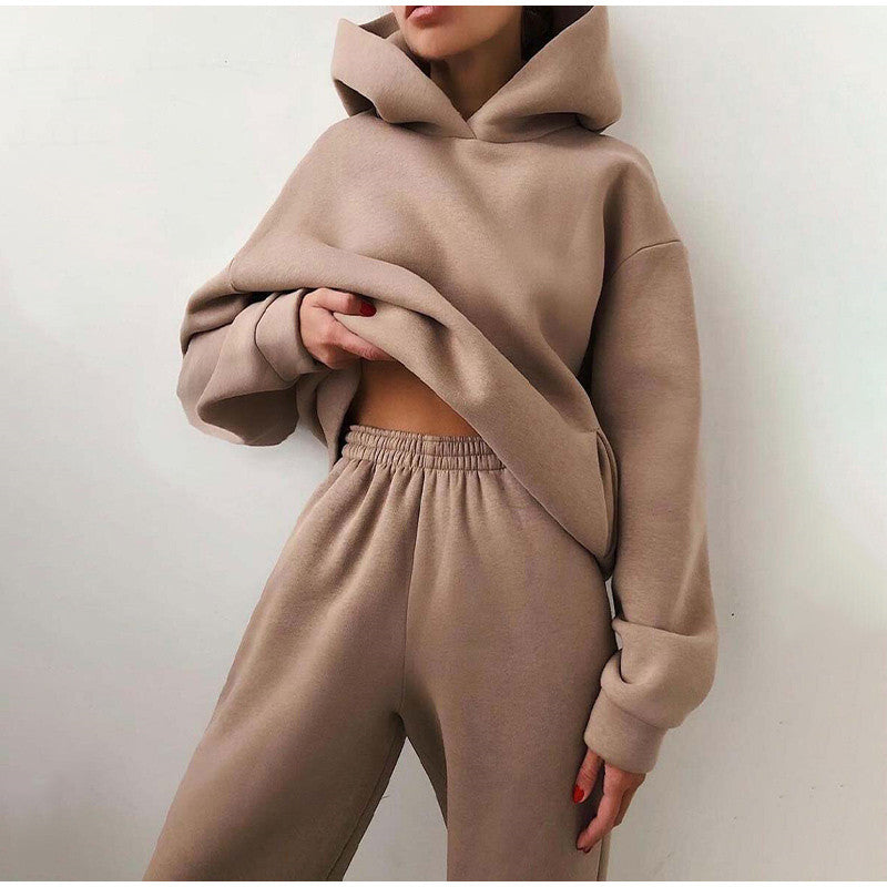 Damen Oversized Trainingsanzug, beige, High Waist Hose mit Hoodie, bequem, modisch.