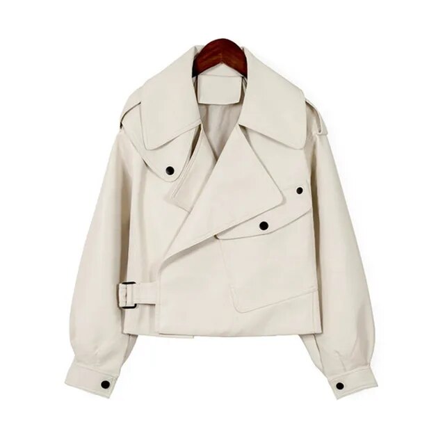 Beige Damen-Trenchcoat, kurz, Baumwolle, modisch, mit Gürtel und Knöpfen, Herbstmode.
