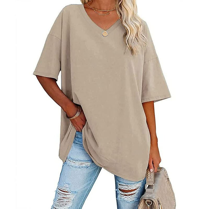 Damen Oversize T-Shirt Beige, V-Ausschnitt, Kurzarm, Lässiger Stil, Baumwolle, Mode 2023