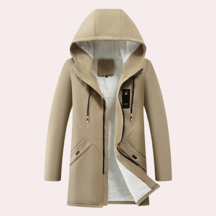 Beige Herrenmantel mit Kapuze, Reißverschluss, warmes Futter, Winterjacke, modisch, elegant.
