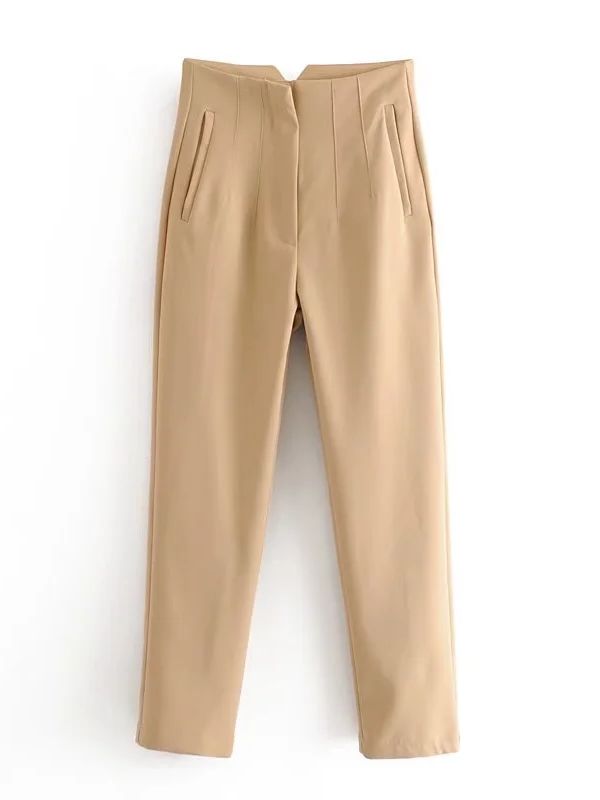 Beige Damenhose, hohe Taille, elegantes Design, Business-Mode, Bürokleidung, Polyester.