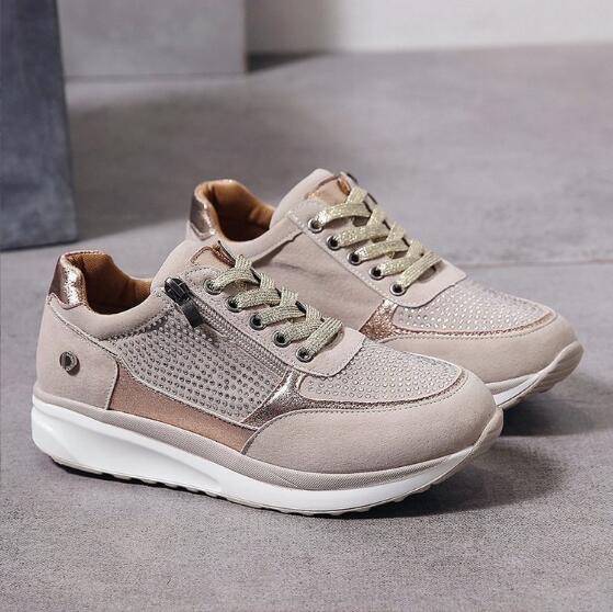 Beige Damen-Sneaker mit Reißverschluss, Strassdetails, bequeme Freizeitschuhe, modisch.